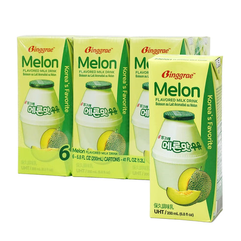 Binggrae Melon Flavored Milk Drink Korean Sweet and Creamy Beverage Shelf-Stable 6.8