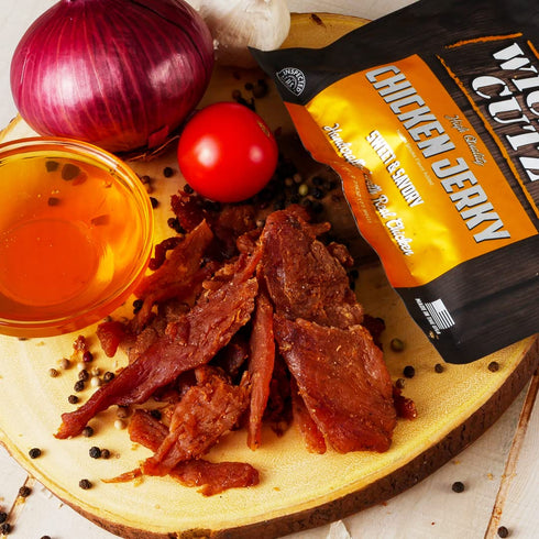30g (2 Wicked Cutz Sweet & Savory Chicken Jerky, Protein Per Bag, Tender & Easy to Chew Alternative to Chicken Sticks