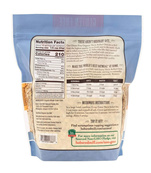 32oz (Pack 1) Bob's Red Mill Gluten Free Organic Extra Thick Rolled Oats, of - Non GMO, Whole Grain, Vegan, Kosher