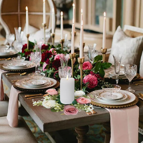 mdgfge Valentine's Day Rose Candle Ring Wreath Artificial Rose Red White Floral Candle Holder Flower Wreath Table