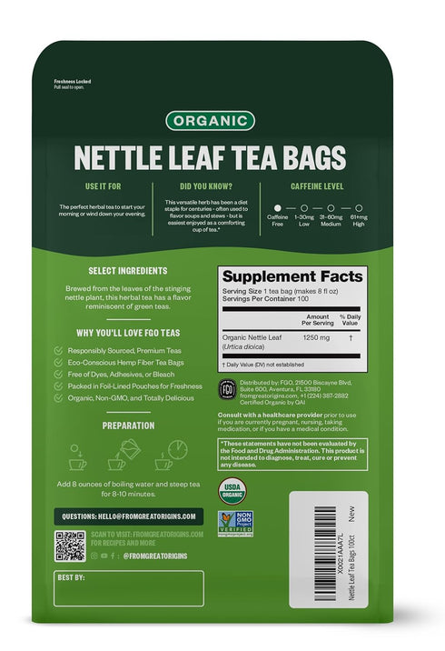 FGO Organic Nettle Leaf Tea, 100 Count, Eco-Conscious Caffeine Free Tea Bags in Resealable Bag