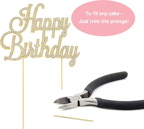 Happy Birthday Cake Topper - Premium Gold Metal, Sparkly Rhinestone Decoration Makes a Great Centerpiece