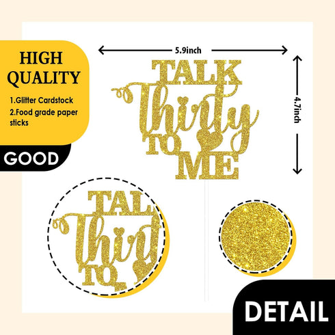 Talk Thirty to Me Cake Topper, Gold Glitter Dirty 30 for 30th Birthday, Wedding Anniversary Party Supplies