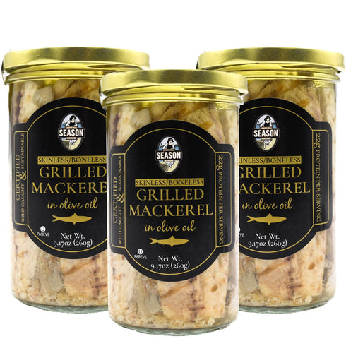 22g 9.17 Oz 3-Pack Season Grilled Mackerel in Olive Oil - Skinless & Boneless Mackerel Fillets, Wild Caught, Keto