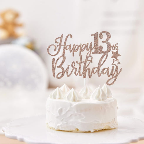 Happy 13th Birthday Cake Topper - Rose Gold Double-Sided Glitter Decorations for Girls