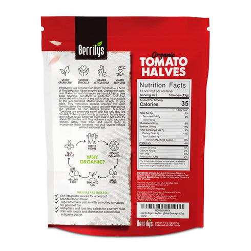 7oz Berrilys Organic Sun-Dried Tomatoes, Salted, No Sulfur, No preservatives, Kosher, Raw, Non-GMO, Requires
