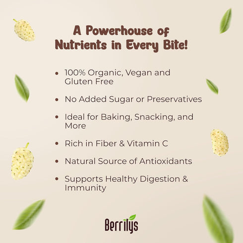 Mulberries Mulberry, 10oz Berrilys Organic Dried - White Non-GMO, Unsulfured, Raw, Kosher, Vegan - Healthy Berries