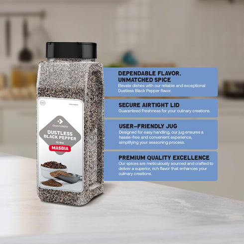 12.9 oz. 100% Dependable Foods Dustless Black Pepper Spice - Bulk Jar - Natural, Non-GMO, Salt-Free Seasoning | Kosher