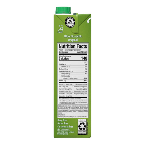 32 oz (Pack 5) Pacific Foods Original Ultra Soy Milk, Plant Based Milk, Carton