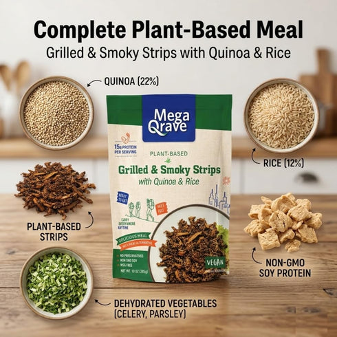Mega Qrave 10 oz 15g Plant-Based Grilled & Smoky Strips with Quinoa & Rice, Ready-to-Eat Shelf-Stable Vegan Meal
