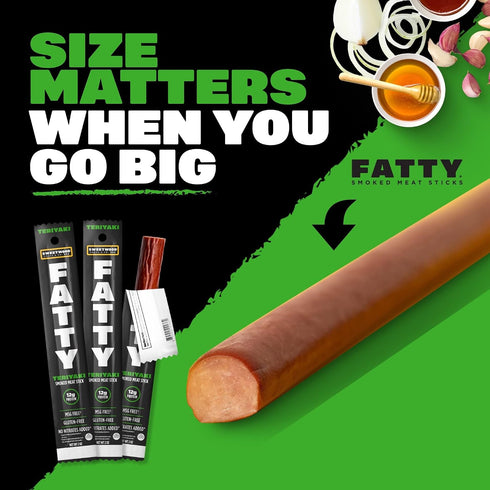 12g 2 oz. FATTY Meat Sticks, Made with Grass Fed Beef, Pork Raised Without Antibiotics, Protein Per Stick, Teriyaki