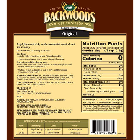 LEM Products Backwoods Reduced Sodium Original Snack Stick Seasoning, Ideal for Wild Game and Domestic Meat, Seasons Up to 20 Pounds of Meat, 15.6 Ounce Packet with Pre-Measured Cure Packet Included