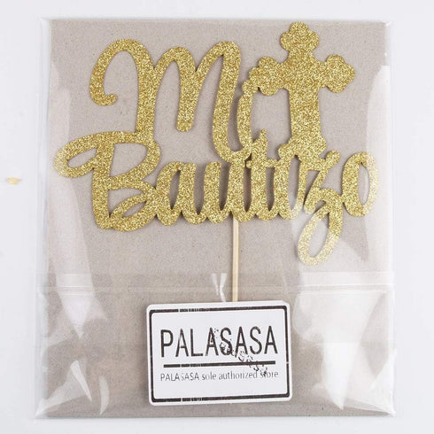 PALASASA Gold Glitter Mi Bautizo Cake Topper, Religious God Bless Me Cross Cake Décor for Baby Shower