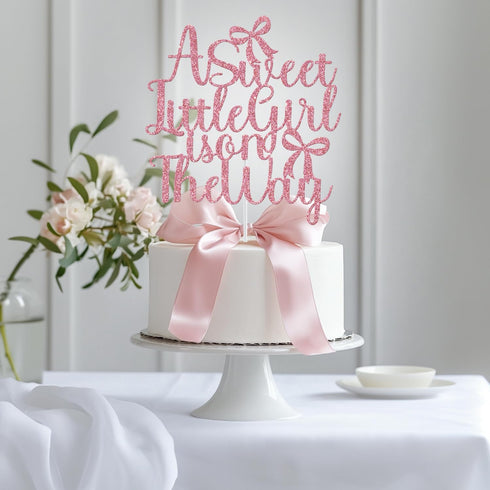 Mis Quince A Sweet Little Girl is on The Way Cake Topper, Pink Bow Baby Shower Cake Decorations, Welcome Baby Girl, Bow