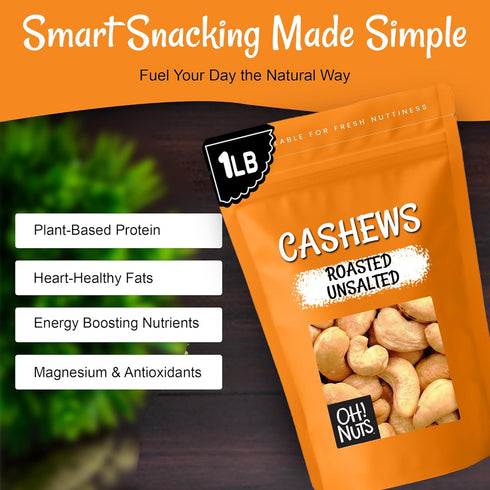 1 lb Packed Oh! Nuts Cashews Roasted Unsalted - - Roasted Unsalted Cashews - in New York Zip-Seal Bag for Exceptional