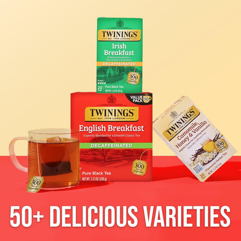 20 Count (Pack 1), 20 Twinings Decaffeinated Irish Breakfast Black Tea Individually Wrapped Bags, of Flavourful