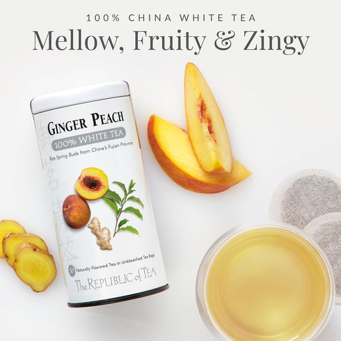100% 50 The Republic of Tea Ginger Peach White Tea Bags, Steeps Low-Caffeinated Cups