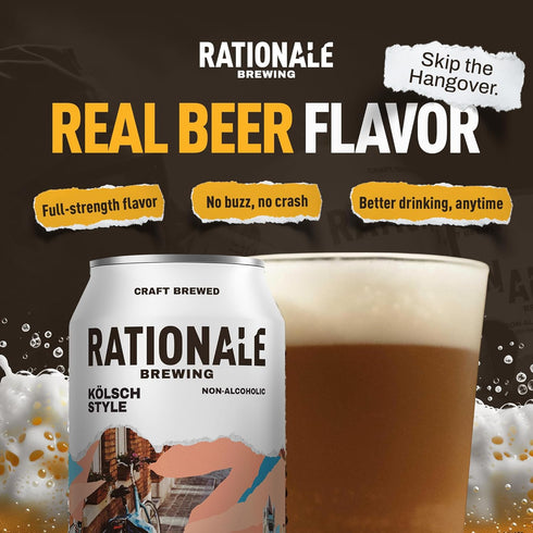 6 Pack 12oz Rationale Brewing Non Alcoholic Beer, Kolsch Style, Craft NA Beer, Low Calorie Zero-Alcohol Alternative