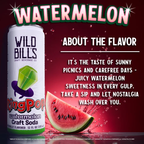 12 Oz 12 Pack Wild Bills Watermelon Ring Pop Craft Soda Pop Soft Drinks - Pure Cane Sugar, No HFCS, Caffeine Free