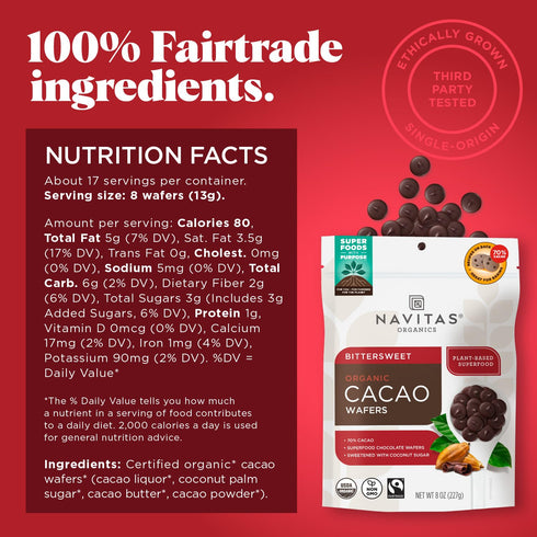 8oz Navitas Organics Organic Bittersweet Cacao Wafers, Organic, Fairtrade, Non-GMO, Gluten-Free