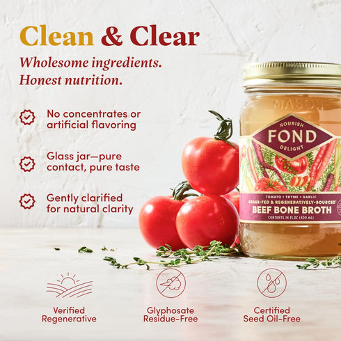 Slow-Simmered 14 oz (4-Pack) FOND Regenerative Grass Fed Beef Bone Broth Infused with Organic Tomato & Thyme Beef Broth