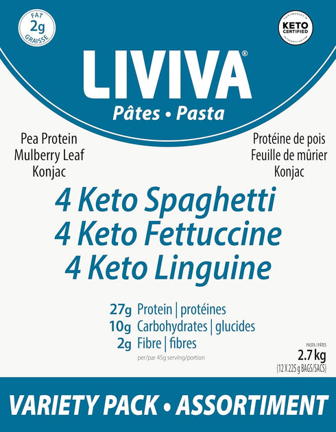 Pack 12: 4 4 4 371% 70% Mulberry LIVIVA High Protein Low Carb KETO Pasta Variety Value (Case of X Linguine, X