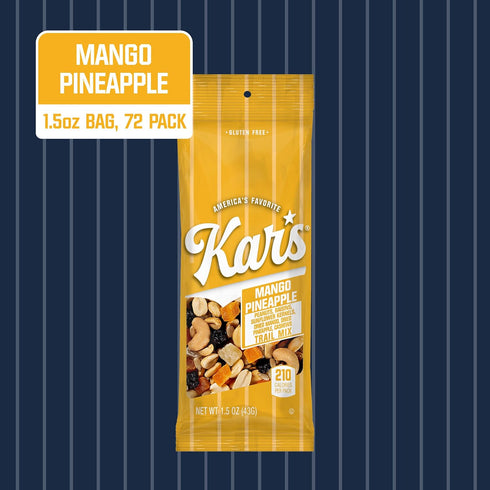 1.5 oz Packs (Pack 72), Kars Nuts Unsalted Mango Pineapple Trail Mix, Grab & Go Bags, Individual Snack of Gluten-Free