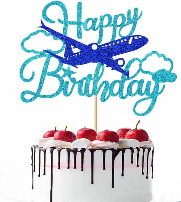 Glitter Airplane Happy Birthday Cake TopperAirplane Birthday Party Decorations,Adventure Awaits,Boys Girls Men