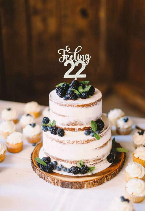 Feeling 22 Silver Glitter Acrylic Cake Topper, 6.1" x 4.5", 22nd Birthday, Reusable Souvenir