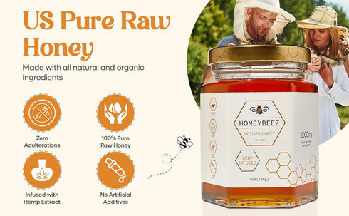 HoneyBeez 32mg 8oz) Premium Raw Honey Infused with Hemp- per serving (Natural
