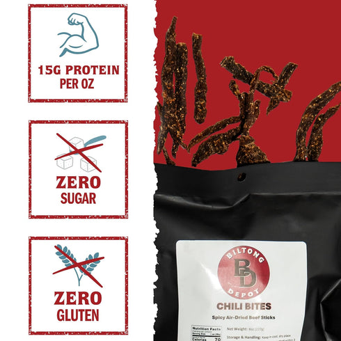 2oz (3 Pack) Biltong Depot Chili Bites - | Thin Sliced Air-Dried Beef Sticks | Spicy Beef Jerky Snack | High Protein |