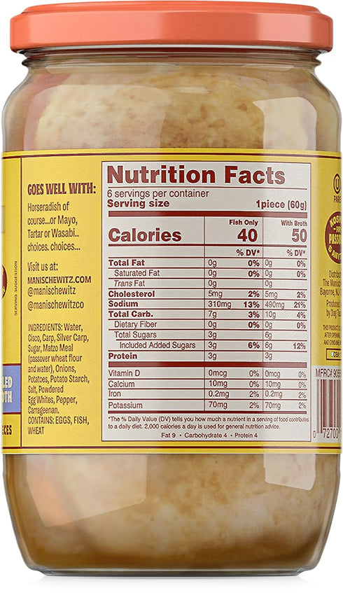 24oz (2 Pack), Packed Manischewitz Sweet Gefilte Fish in Jelled Broth with Protein, No Added MSG, Kosher for Passover