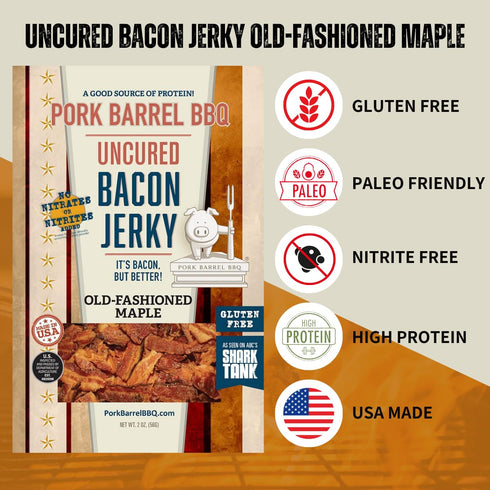 2 oz Pack 3 Pork Barrel BBQ Old-Fashioned Maple Bacon Jerky - Uncured Snacks, Sweet Maple and Brown Sugar with Smoky