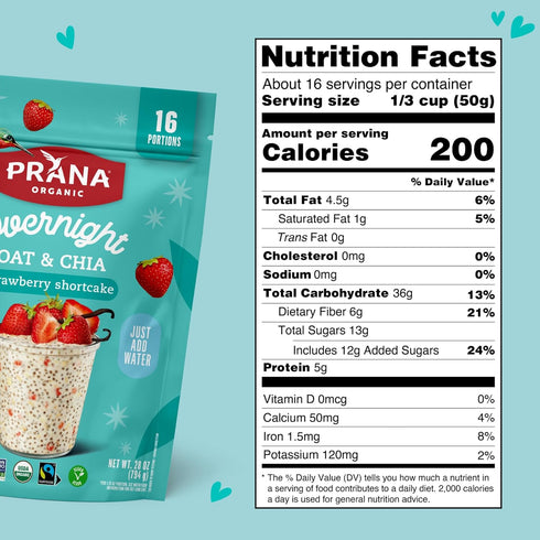 28 oz 2 Pack Prana Organic Overnight Chia with Oats Strawberry Shortcake | Bags - | Rich in Fiber & Protein, Vegan