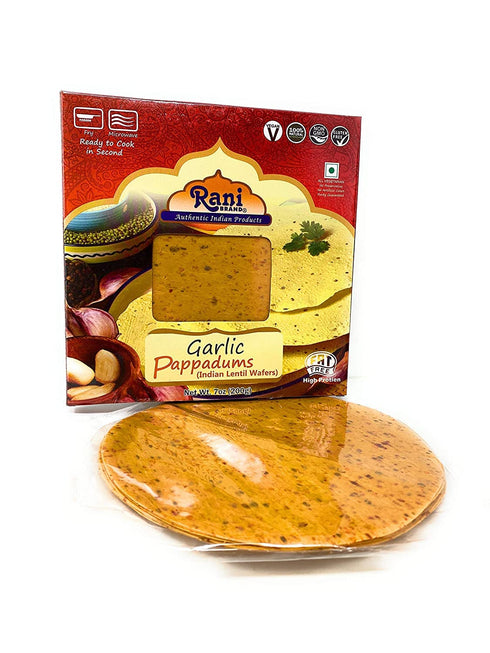 Rani Pappadums Garlic Papad, 7oz (200g), Indian Lentil Wafer Snack, Gluten Friendly, Vegan
