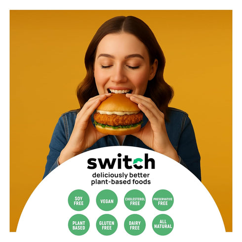 14g 4 14.1 Oz Switch Foods Plant-Based Chicken Burger Patties | Vegan | Protein | Soy, Gluten, GMO, Allergen, & Dairy