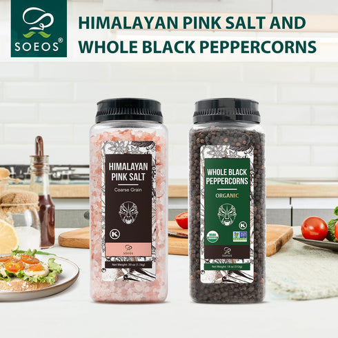 39 oz 18 oz, Set Soeos Himalayan Pink Salt Coarse + Organic Black Peppercorns Salt for Grinder Refill, Salt