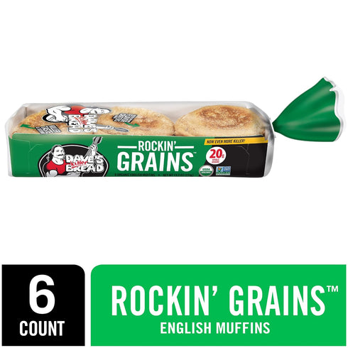 6 Count Dave's Killer Bread Rockin' Grains English Muffins, Organic Whole Grain English Muffins