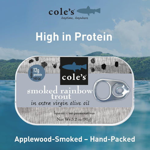 3.2oz Hand-Packed Pack 5 COLES - Smoked Trout Fillet with Extra Virgin Olive Oil | Canned Fish | High in Protein