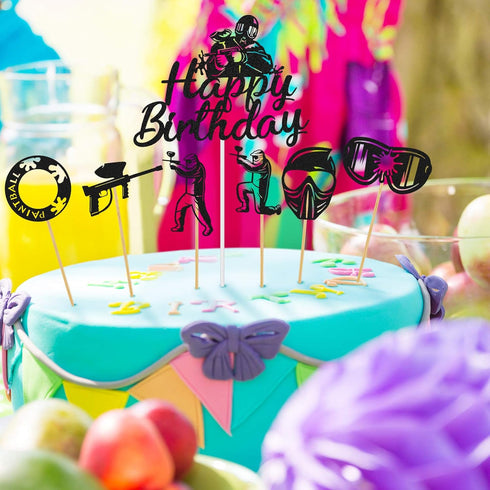 Jetec 37 Pieces Paintball Cake Toppers Birthday Party Supplies, Glitter Silhouette Handmade Decorations for Cupcake