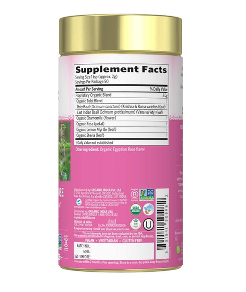 Organic India Tulsi Sweet Rose Herbal Tea - 3.5 oz Canister, Holy Basil, Vegan, Caffeine-Free, Immune Support