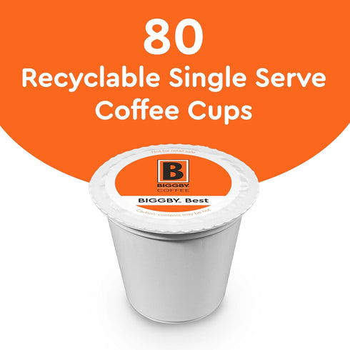 80 Count BIGGBY Best Single Serve Coffee, Recyclable Plastic Cups, Box, Medium Roasted
