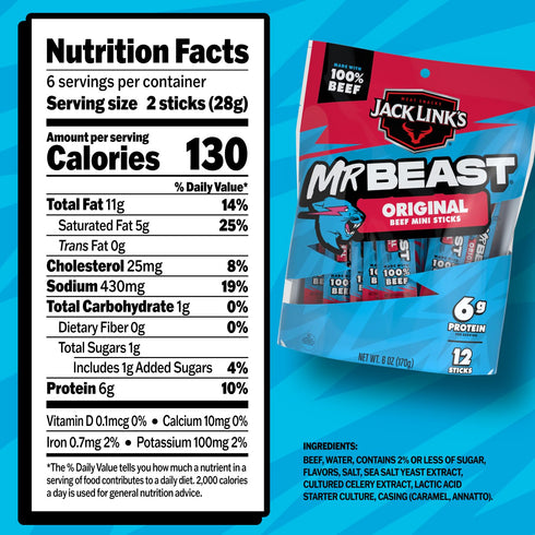 5g 100% (Pack 24) Jack Links x MrBeast Beef Sticks, Original Mini Sticks, As Seen on Beast Games, Protein, Made