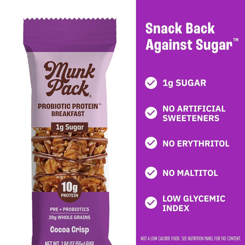 Pack Pack 10g 1g 6g 5 Count Munk Sampler Probiotic Protein Snack Bars | Plant Protein, Sugar, Fiber |Diabetic-Friendly
