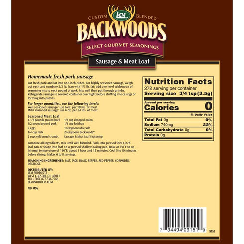 LEM Products Backwoods Sausage and Meatloaf Seasoning, Ideal for Wild Game and Domestic Meat, Seasons Up to 96 Pounds of Meat, 24 Ounce Packet