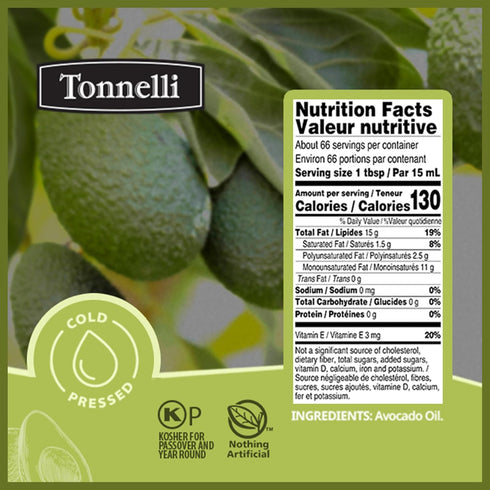 Tonnelli 1 520F Premium Cold Pressed Naturally Refined Avocado Oil, Liter | High Smoke Point | Product of Spain