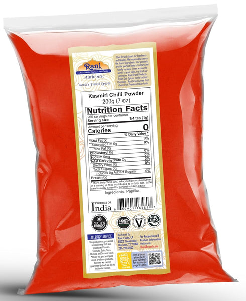 Rani Kashmiri Chilli Powder (Deggi Mirch, Low Heat), Ground Indian Spice, 7oz (200g), All Natural, Vegan