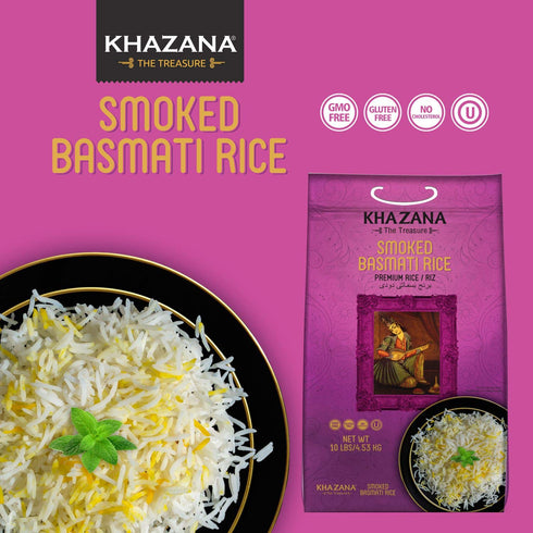 10 lb Authentic Smoked Basmati Rice by Khazana in Bag - Aromatic and Flavorful Indian Grain - Non-GMO, Gluten Free