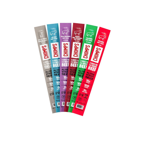 6 Pack Whole30 Chomps Flavor Variety Trial - Grass-Fed & Finished Beef and Venison, Keto, Paleo, Low Carb, Approved