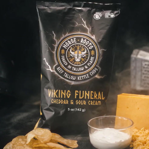 6 Pack, 5 oz Norse Roots Beef Tallow Potato Chips Viking Funeral (Cheddar & Sour Cream) Seed Oil Free Kettle Chips